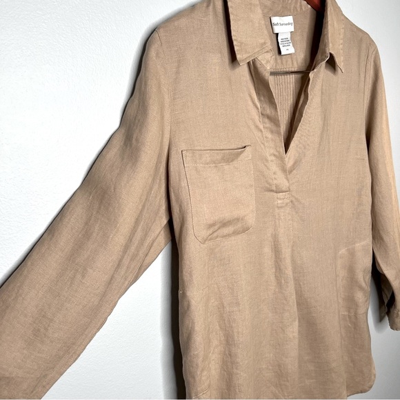 Soft Surroundings Tan Long Sleeve 100% Linen Collared Tunic Top Size PS Pockets - Picture 3 of 12